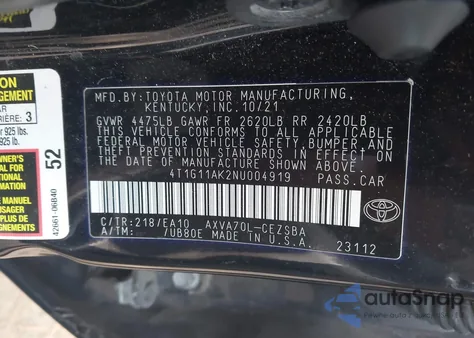 2022 Toyota Camry Se из США, поврежденный, VIN 4T1G11AK2NU004919